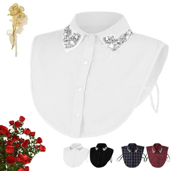 White Christmas Plaid Rhinestone Detachable Collar Women Dickie Collar Elegant Mock Blouse Half Shirt Sparkly Christmas Sparkle Stylish Fake Collar