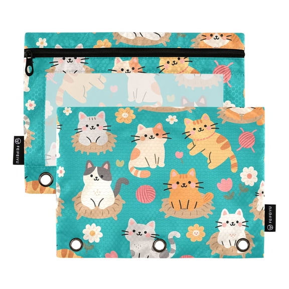 ALAZA 2 Pack Pencil Pouch Cute Cats Cartoon Pencil Case for 3 Ring Binder Clear Window Pencil Bag Organizers