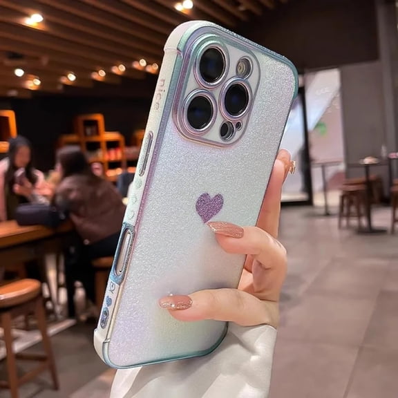 Plating Heart Laser Aurora Matte Case for iPhone 11 12 13 14 15 16 Pro Max Plus Camera Protection Silicone Soft Cover