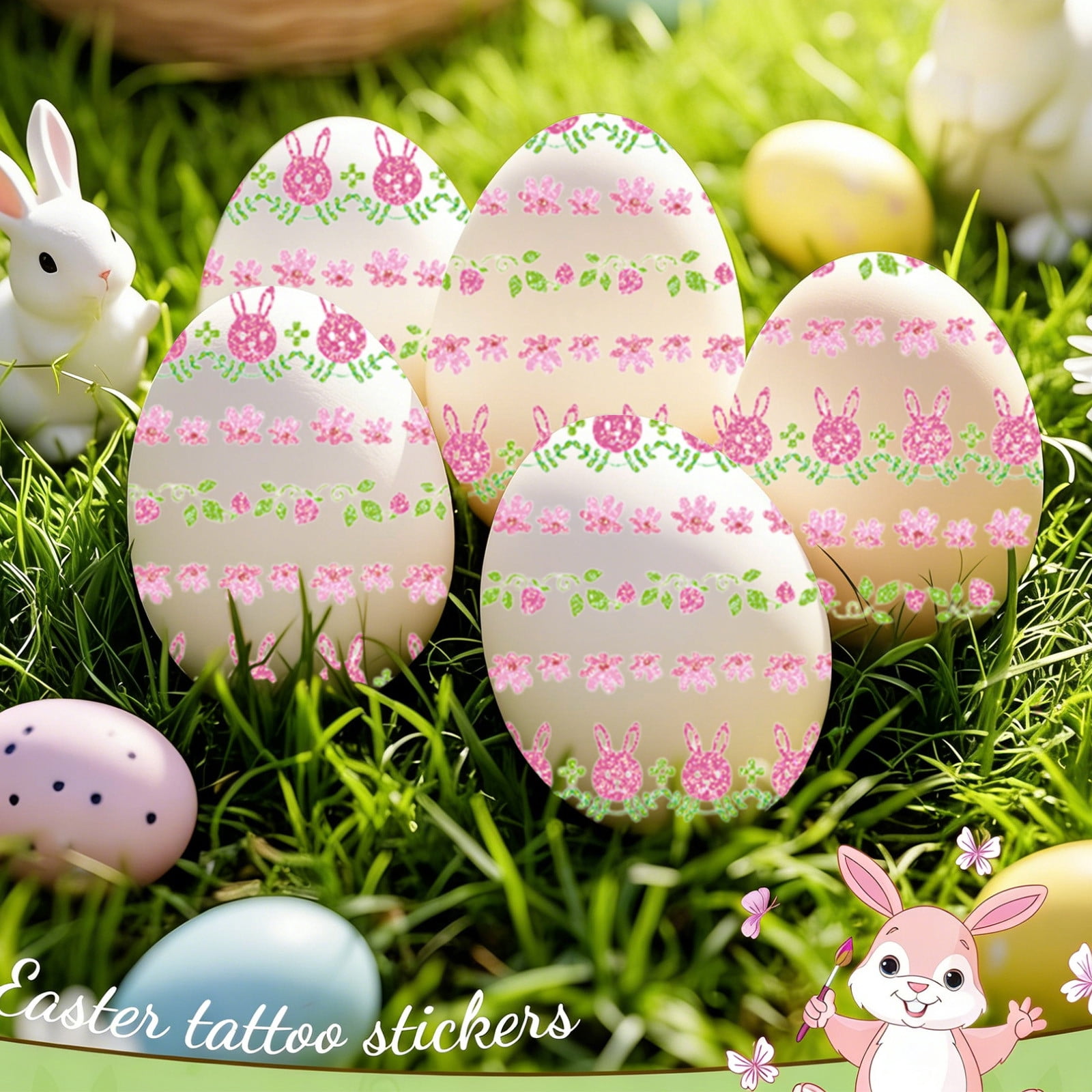 DAMAI Easter Eggs Tattoo Stickers Easter Art Decals Funny Colorful Stickers Cute Rabbit Chick Flower Stars Eggs Tattoo Art Design Decals DIY Party Decoration Supplies for Eggs