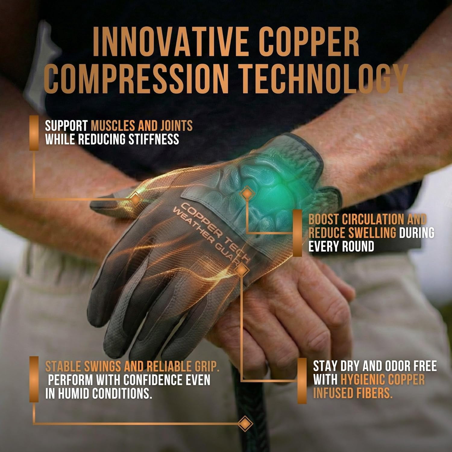 Copper Tech Plus Rain Golf Gloves  | Water-Enhanced Golf Rain Gloves for Men | Joint Support Ergonomic Copper Compression Charcoal/Gray, Small, Left)
