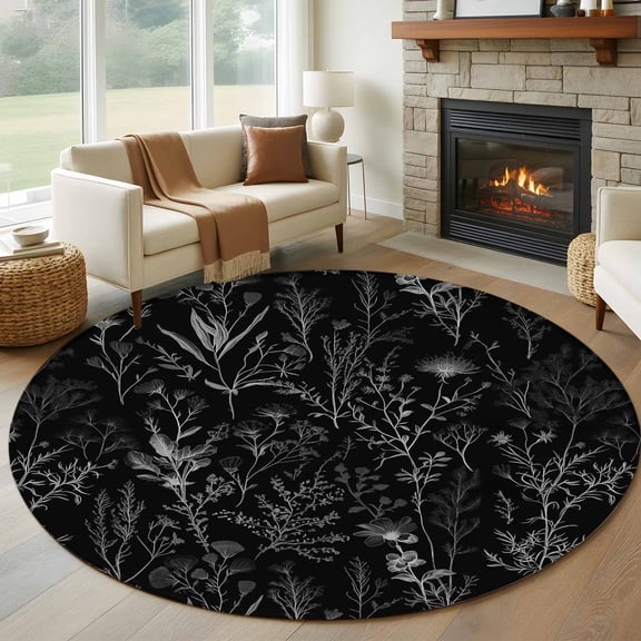 Round Rugs 7Ft, Black Spring Floral Round Area Rug Washable Indoor Throw Carpet, Vintage Botanical Watercolor Large Non Slip Circle Rug for Dining Room Playroom Home Decor Aesthetic
