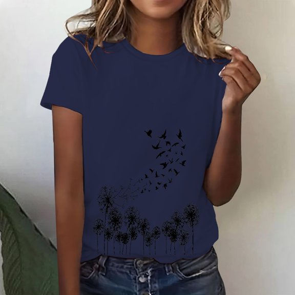 Women's Short Sleeve T-shirt Women'S Spring Round Neck Dandelion Printed Loose Casual Short Sleeved T Shirt,Blue Women's Short sleeve T-shirt XL