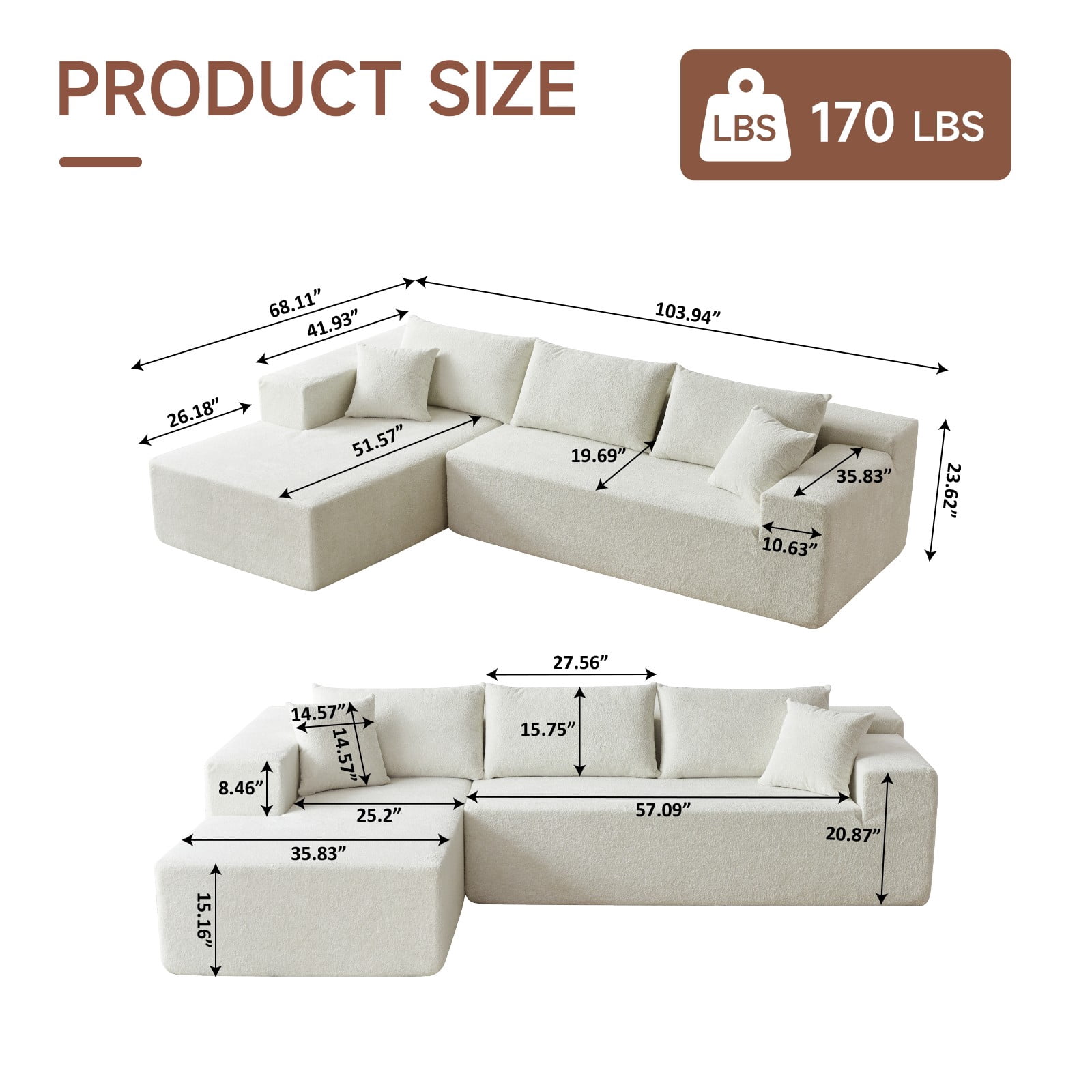 Vinform 103.54 Inch Velvet Sectional Sofa, Modern L-Shaped Modular Sofa with High-Density Foam (Includes Chaise Lounge and Throw Pillows), Upholstered Cloud Sofa for Living Rooms(Beige/Right Side)