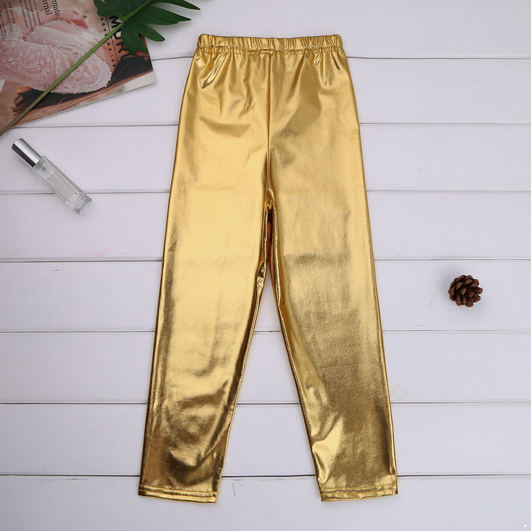 MSemis Kids Girls Shiny Metallic Leggings Pants Footless Tights Dance  Costumes Gold 7-8 