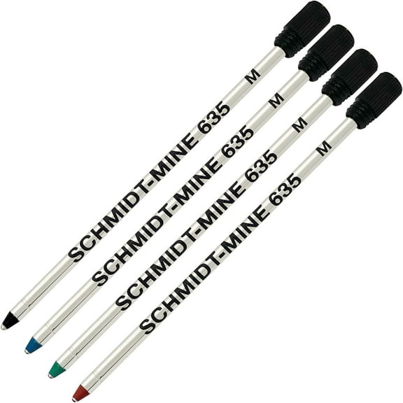 Schmidt 635 D1 Mine Ballpoint Refill - Red, Green, Blue, Black Ink - Medium Tip 0.7mm - Pack of 4 (with Plastic End Cap)