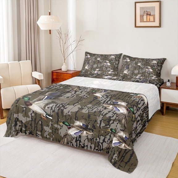 Castle Fairy Mallard Duck 3pcs Twin Sheet Sets,Abstract Camouflage Twin Fitted Sheet,Vintage Rustic Breathable Flat Sheet,Super Cozy Animal Room Decor