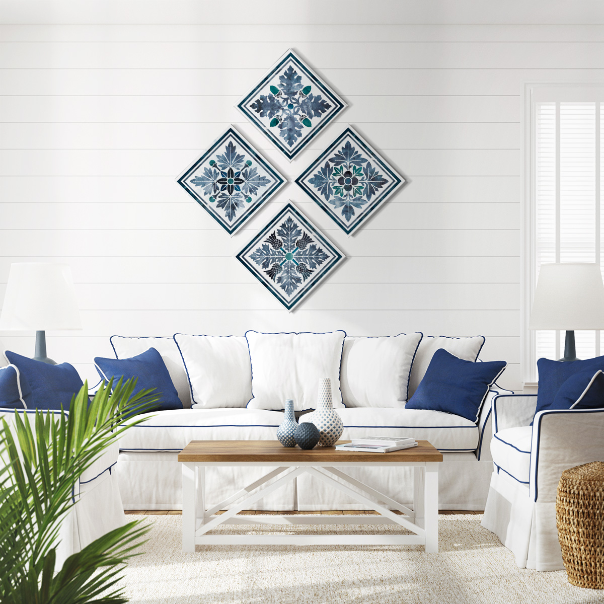 Wexford Home Abstract Wall Art Flower Bluie Pattern Prints 16 x 16 inch Each Panel, Set of 4 Wall Décor for Bedroom Bathroom Living Room