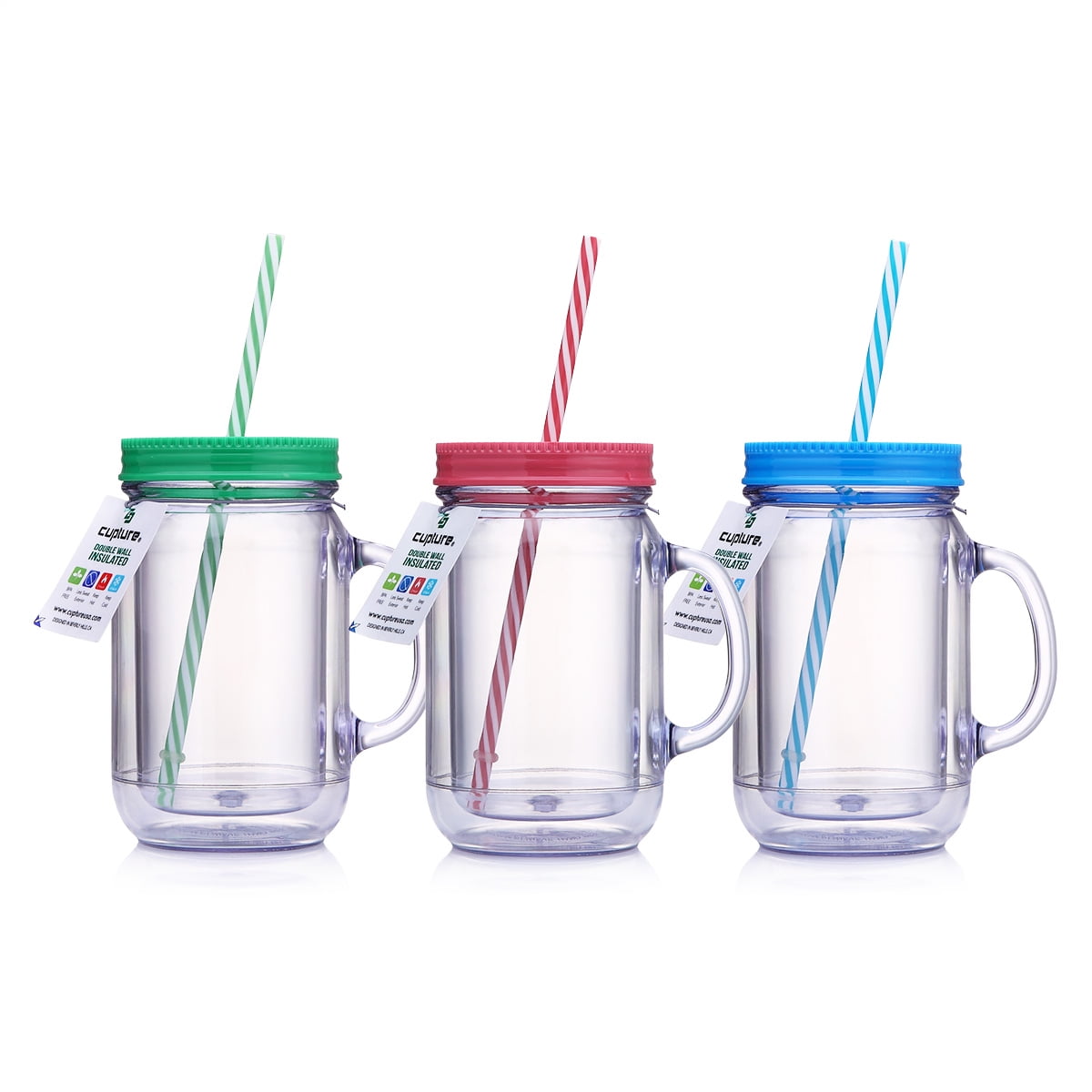 Straw and Handle with Fun Floating Confetti Large Break Resistant Tri-Coastal Design Plastic Mason Jar Mug BPA Free Cup with Lid