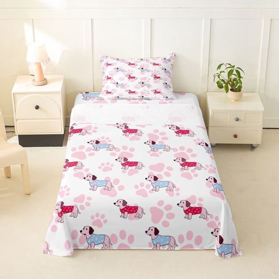 Homewish Kawaii Dachshund Animal Twin Sheets,Pink Dog Paw Print Bedding,3pcs,1 Fitted Sheet and 1 Pillowcase