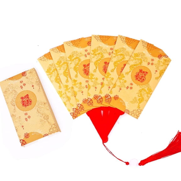 Pekkaxy Fan Fold Red Envelope 10.6x4.3 Inch Golden Paper, Creative Dual-Use Gift Money Holder and Decorative Fan, for Lunar New Year Celebrations Party Favors