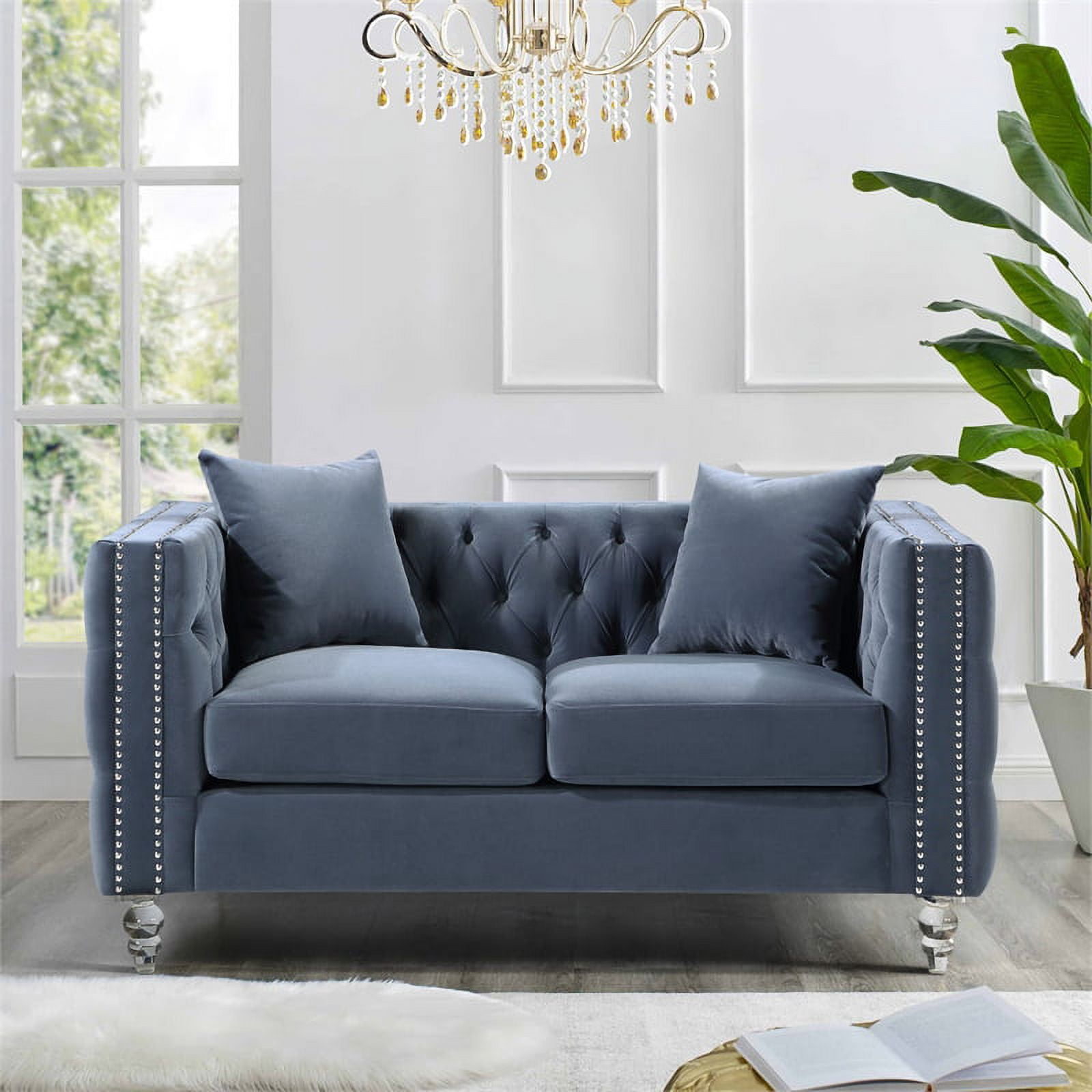 Lexicon Orina Button Tufted Velvet Loveseat in Dark Blue