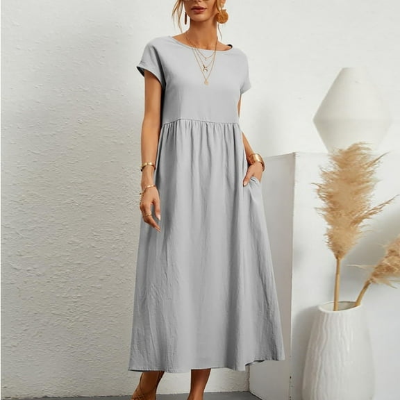 Brilliant Plus Size Womens Clothes Women's Loose Dress Cotton Linen Round Neck Pocketless Short Sleeve Dress Long Holiday Party/Gray