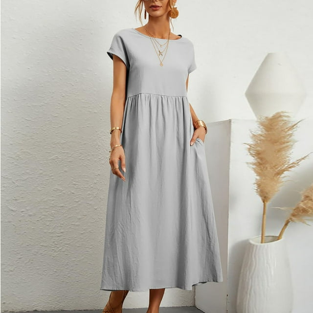 Meichang Robes Maxi en Coton et Lin pour Femmes avec Poches Décontractées à Manches Courtes à Col Rond Robes Grande Taille Amples Fluides Robes de Plage Unies Longues Robes 2024 Gris TG