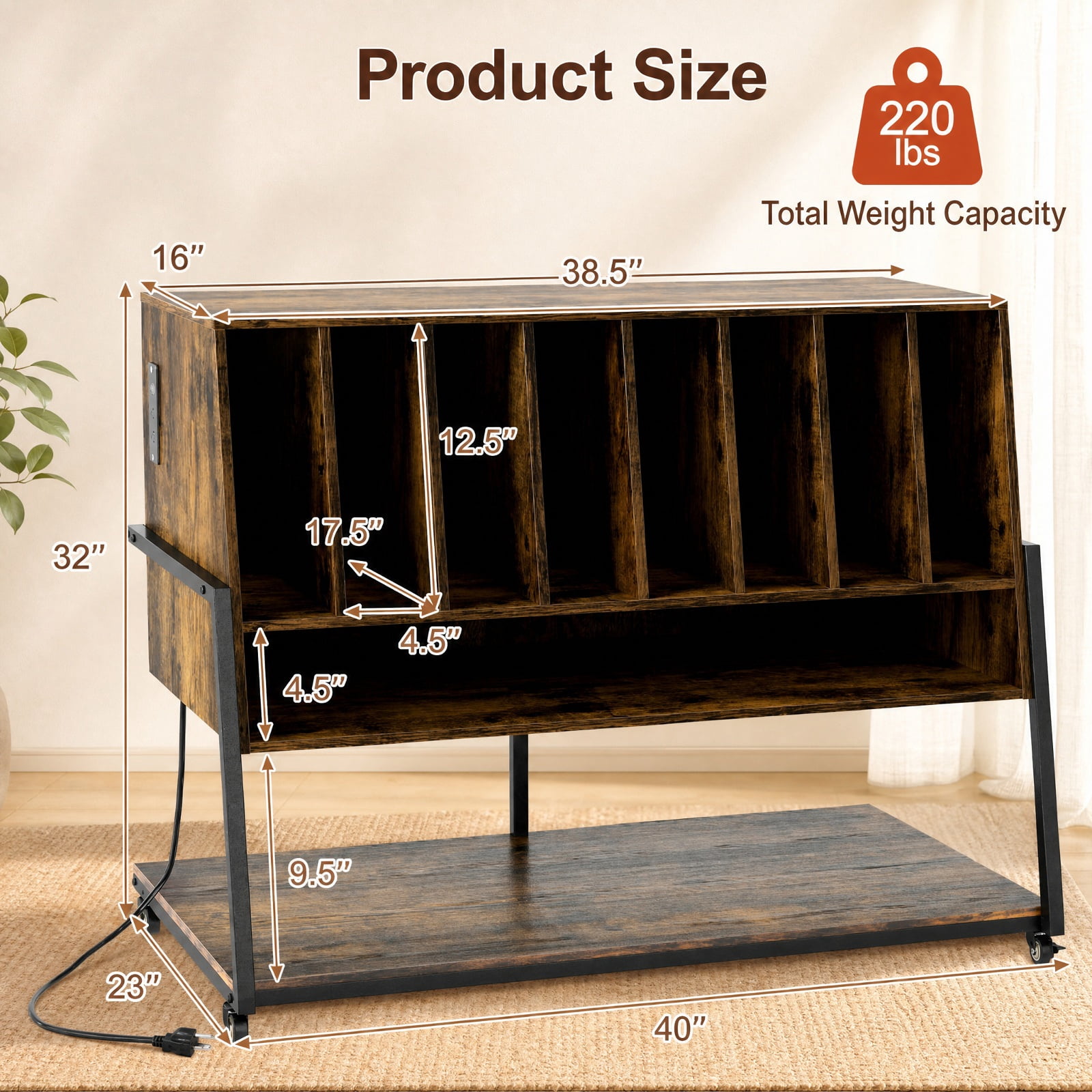 Furnibear Turntable Stand with Charging Station Vinyl Storage Shelves and Locking Wheels for Living Room Record Player Setup, Rustic Brown