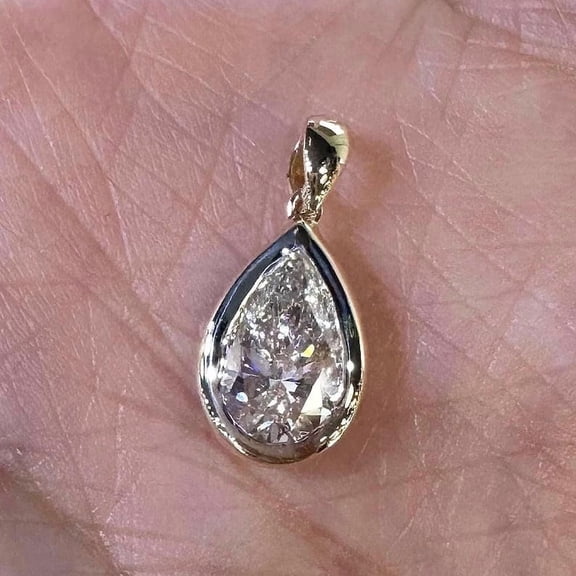 2Ct Pear Cut Lab-Created Diamond Bezel Set Pendant 14K Yellow Gold Plated Silver 18" Chain