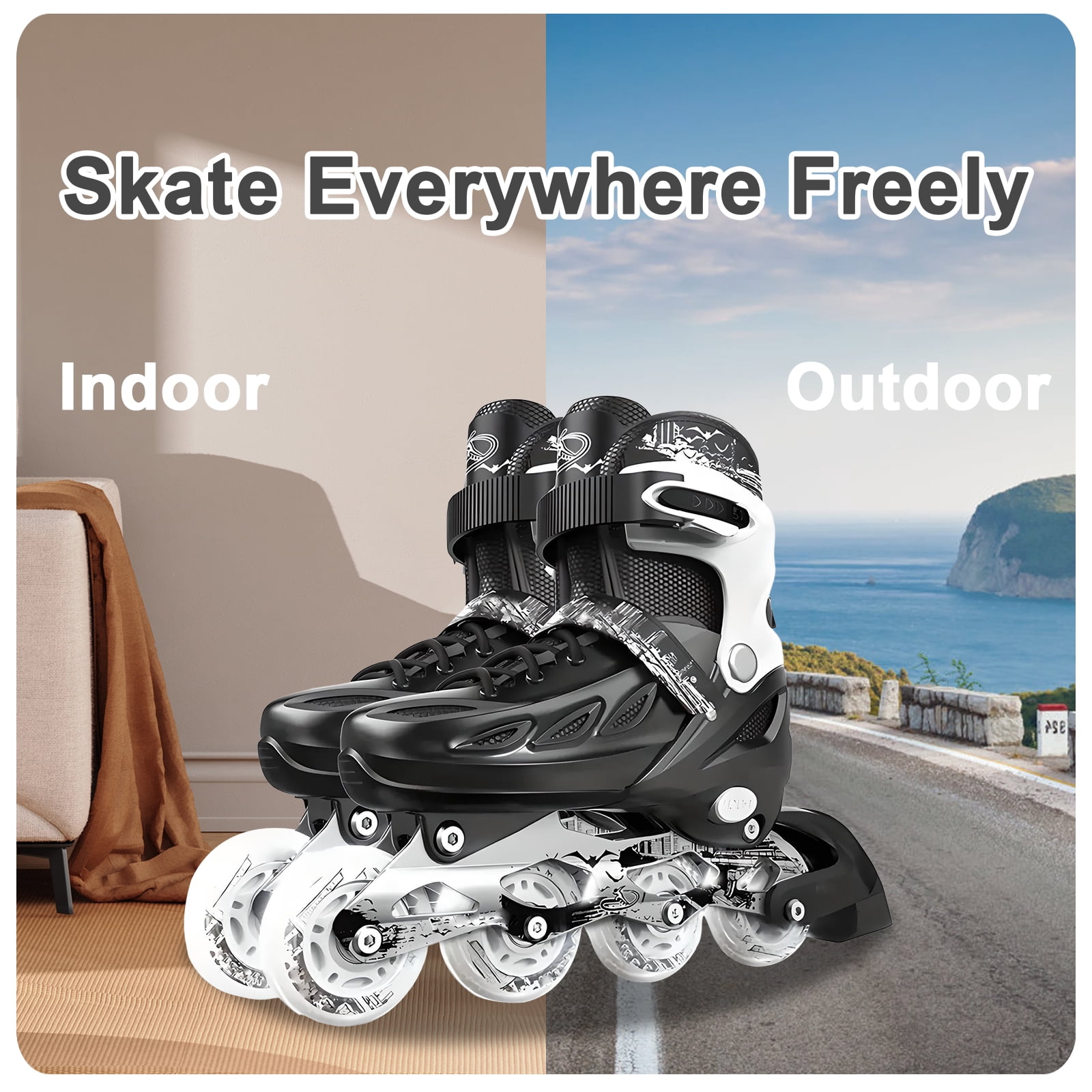 LPAMEOIU Adjustable-Size Inline Skates with Light-Up-Wheel,Teen Roller Skates for Women Men(Black,L)