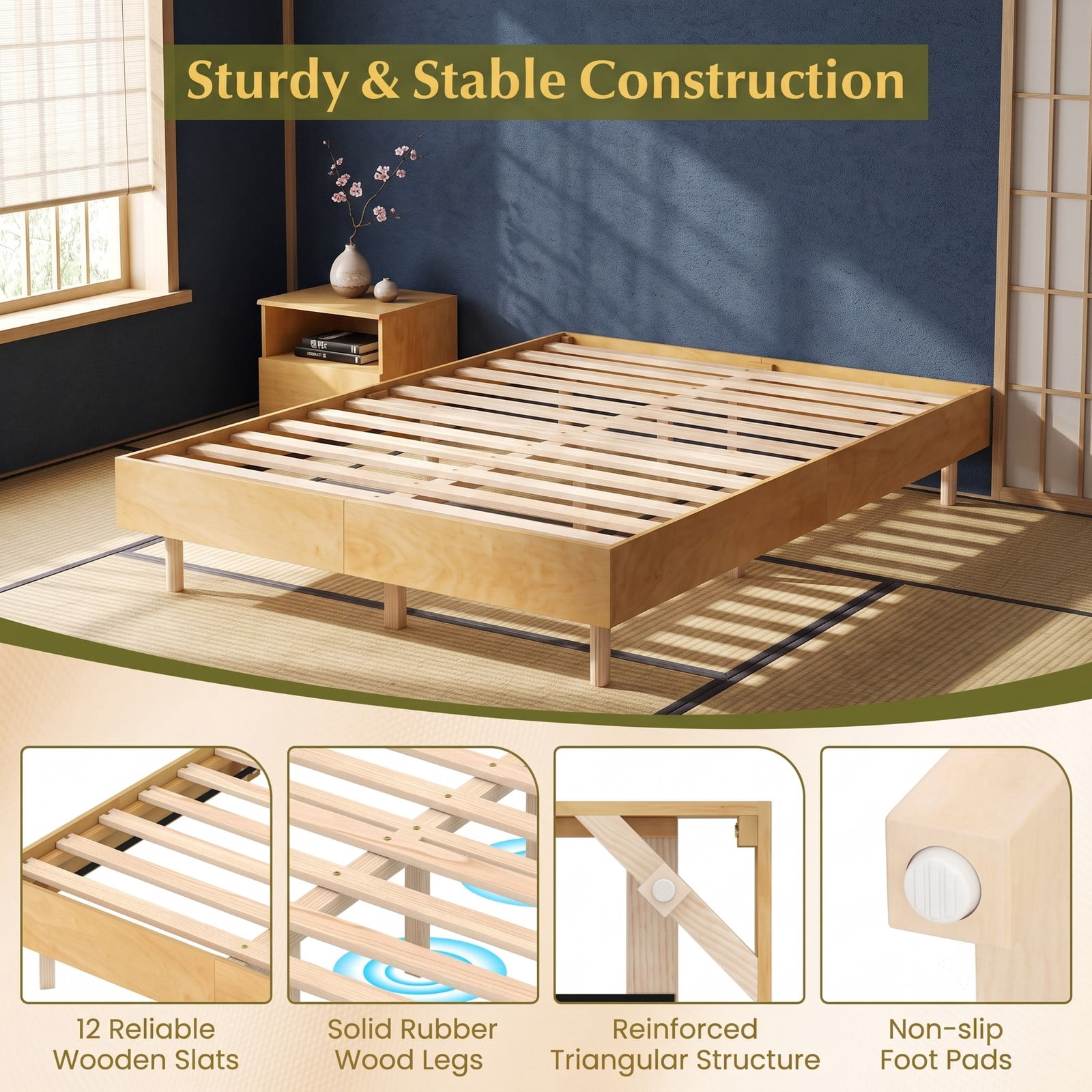 Furnibear Queen Size Bed Frame Floating Wood Platform Bed with RGB LED Lights and Remote Control for Bedroom, Natural