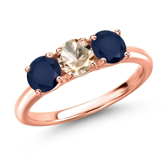 Gem Stone King 18K Rose Gold Plated Silver Peach Morganite and Blue Sapphire Engagement Ring for Women | 1.60 Cttw | Round 5MM | Gemstone October Birthstone | Size 5