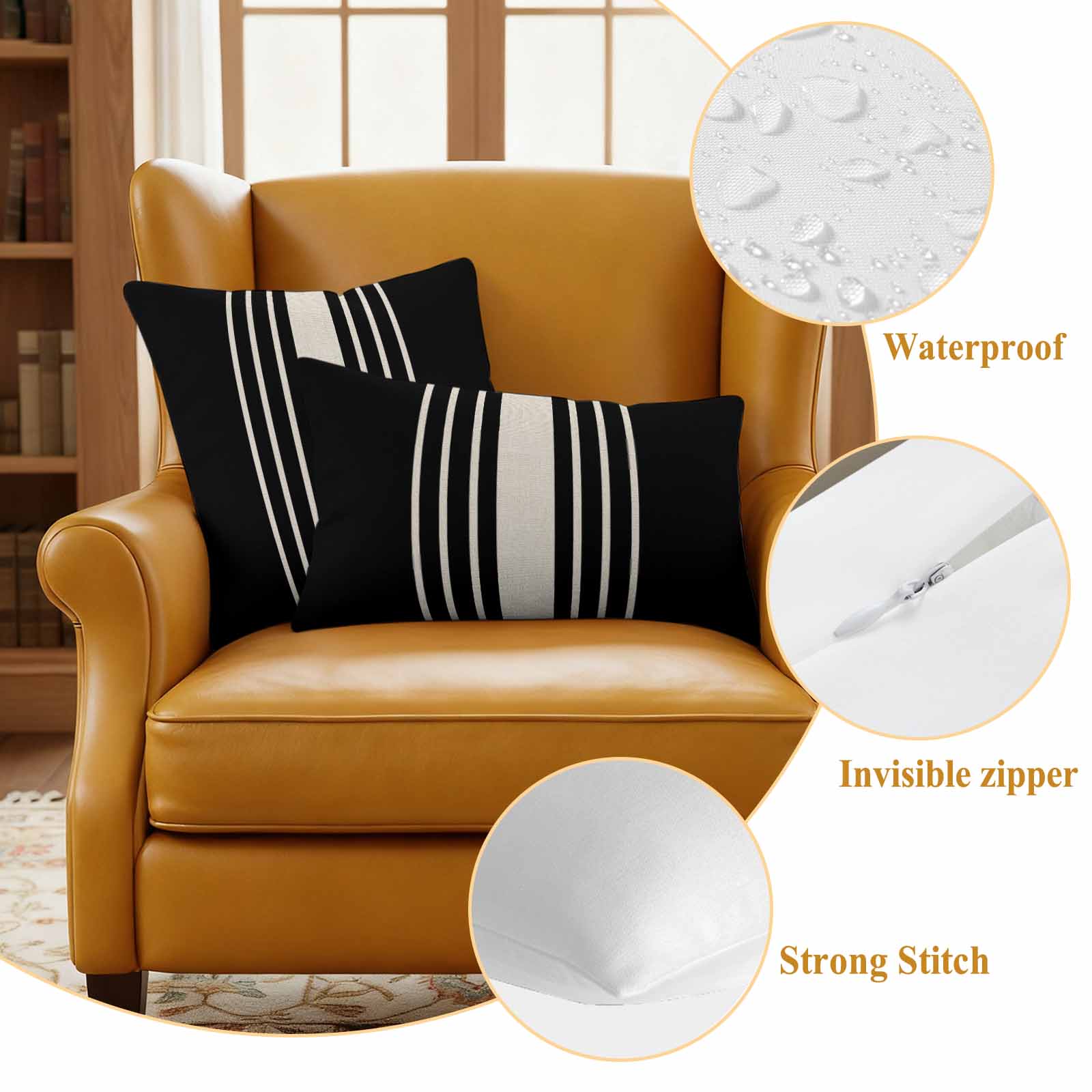 Black Beige Striped Outdoor Waterproof Pillow Covers, Modern Farmhouse Retro Lines Decorative Rectangle Throw Pillowcase Sofa Cushion Sham for Patio/Couch/Chair, 20"x12" 2 Pack