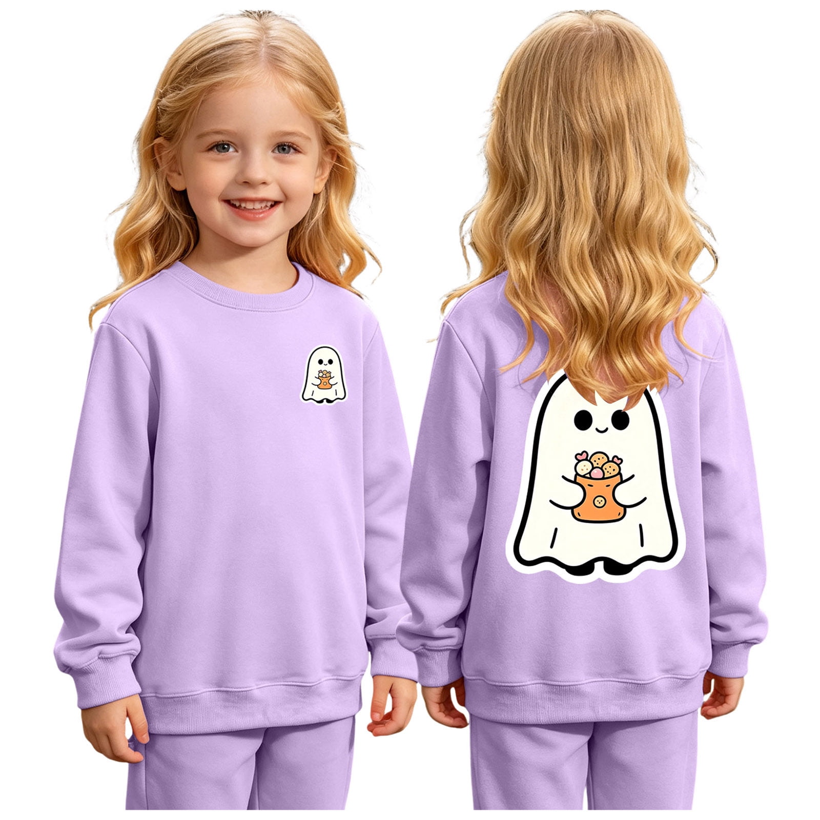 Pandaie Little Kids Halloween Ghost Print Trackshirt Girl Boy Fall Sweatshirt Top Halloween Child Daily Tops Cloting Purple 5-6 Years