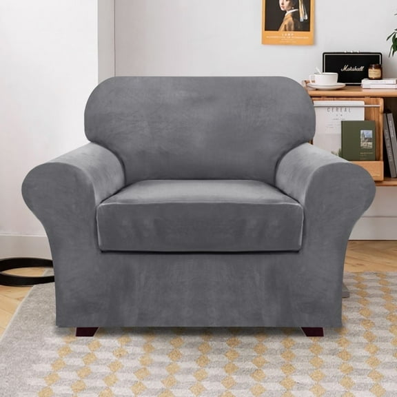 Primebeau 2-Piece Velvet Plush Fabric Sofa Slipcovers, Gray