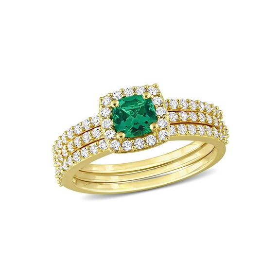 1.50 Carat (Ctw) Lab-Created Emerald and White Sapphire Bridal Wedding Ring Set Sterling Silver for Women