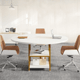 thumbnail image 3 of Tribesigns 47-Inch Round Conference Table for 4-6 People, Wood Meeting Room Table with Storage Shelf and Metal Legs, Modern Office Training Desk for Conference Room Seminar Room (White Gold), 3 of 7