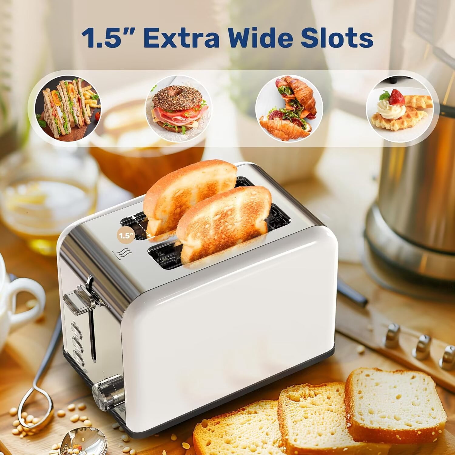 YSSOA Stainless Steel 2 Slice Toaster, 6 Browning Setting and Bagel/Defrost/Cancel Functions, Retro Compact Oven, Extra Wide Slot, Removable Crumb Tray, White