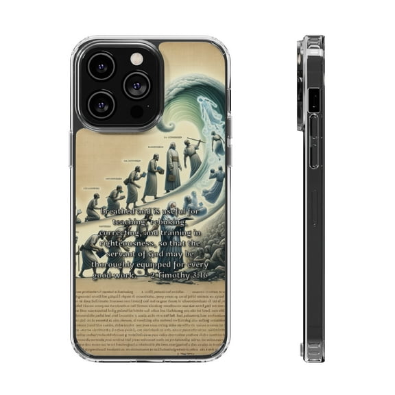 DistinctInk Hybrid (Acrylic / TPU) Clear Slim Fit Case for Apple iPhone 13 Pro MAX (6.7" Screen) - "Empowering Faithful Servants: 2 Timothy 3:16 for Christian Education"