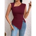 thumbnail image 5 of Womens Asymmetric Neck Slim Fit Cropped Solid Color Tshirt Elegant Basic Top Casual Chic Tee Chestnut Red M, 5 of 9