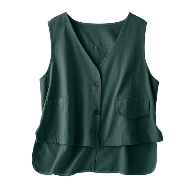 Vestidos Casuales Para Mujer, Blusas De Mujer De Moda Blusa informal de lino sin mangas y con bolsillos abotonados para mujer