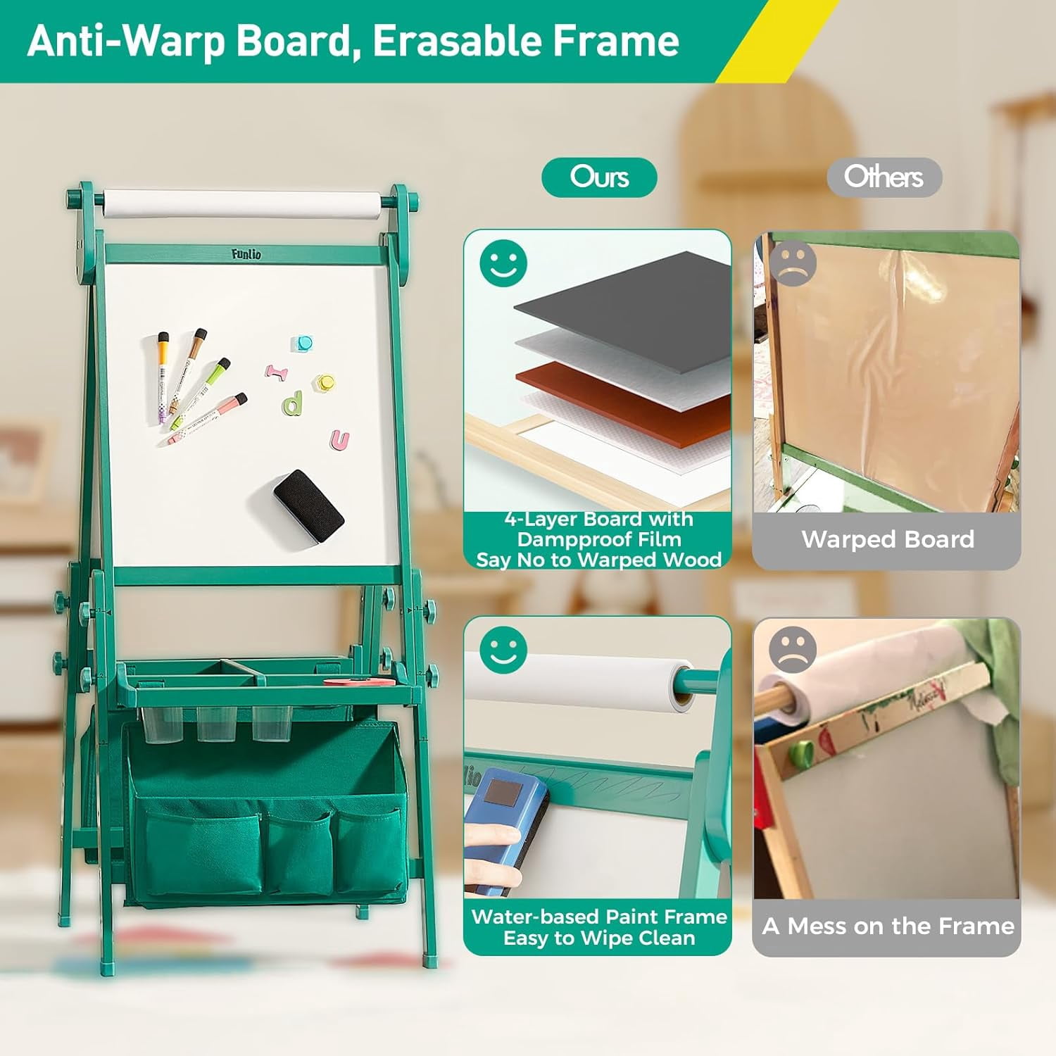 FUNLIO Adjustable Wood Standing Art Easel for Children，Foldable & Anti-Warping