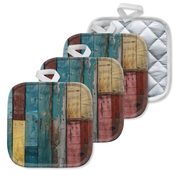 4 Pack Pot Holders,Kitchen Essential, Potholder Set,Colorful, Weather Beaten Wooden Plank Wall