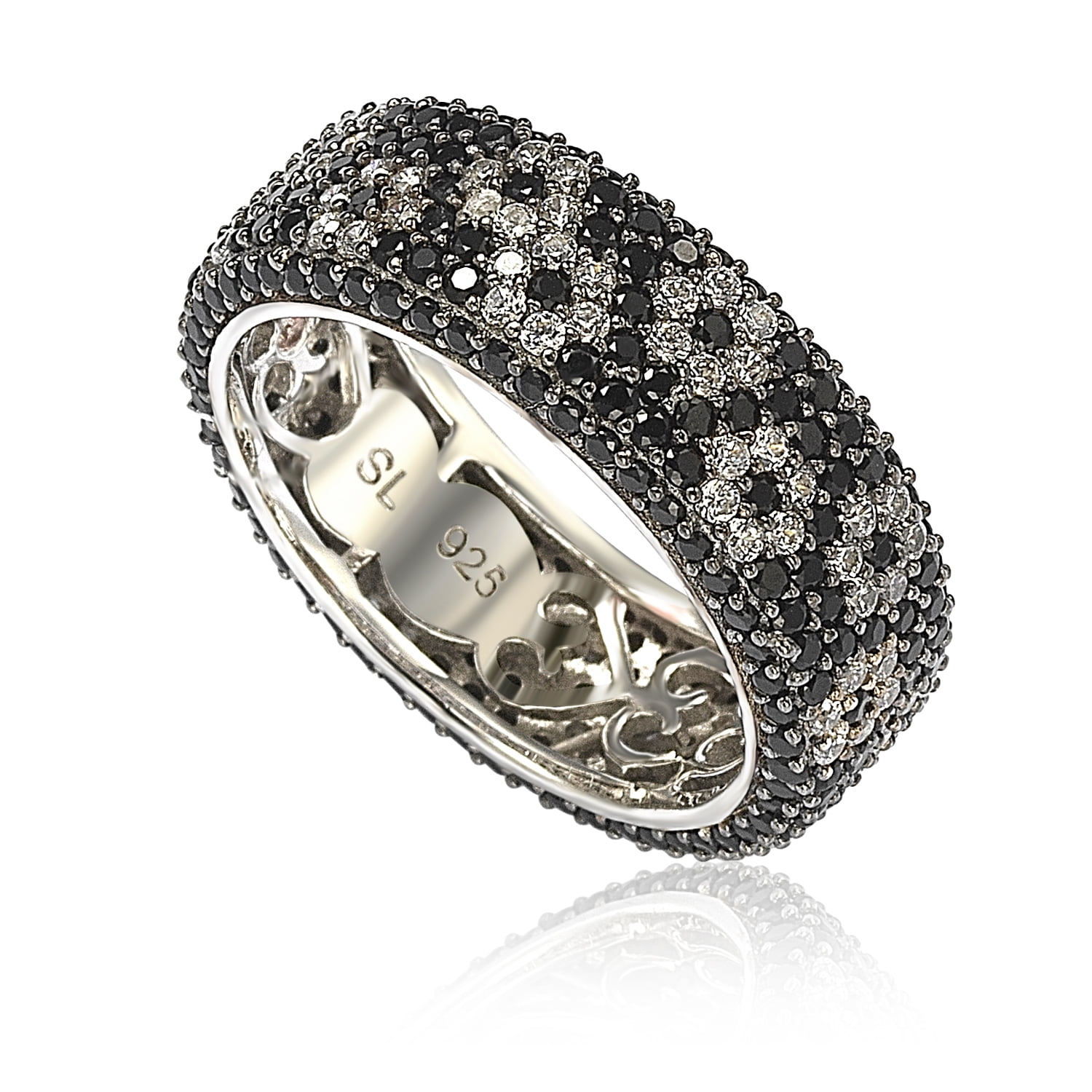 SL Collection Sterling Silver Cubic Zirconia White & Black Pave Flower Stackable Ring - Black White