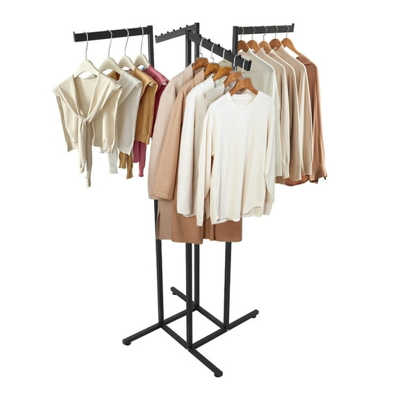 4 Way Stainless Steel Adjustable Clothing Display Rack Garment Rack with 4 Arms Floor-Standing Hanging Clothes Shelf for Organizing and Showcasing Garment,47.24”-70.87”Adjustable (Black)