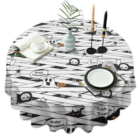 Spooky Halloween Pattern Round Tablecloth 60"x60",Wrinkle Wipeable Table Cloth for Kitchen Dining Room Picnic Patio Party