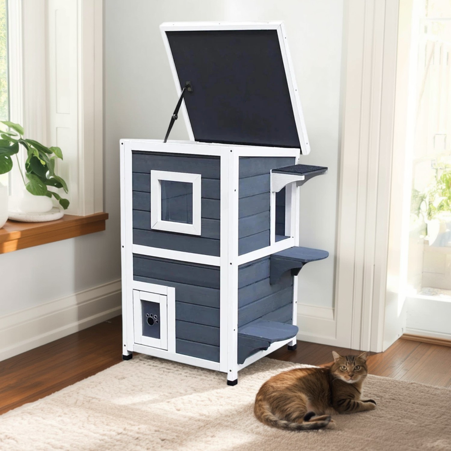 Pefilos 32" Outdoor Wooden Cat House with Escape Door, Opening Roof, Outside 2-Story Feral Cat Shelter, Indoor Kitty Condo, Dark Gray