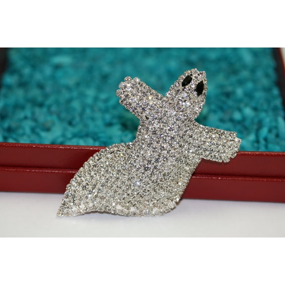Vintage Jewelry Giant Adorable Rhinestone Spooky Flying Ghost Halloween Pin Brooch