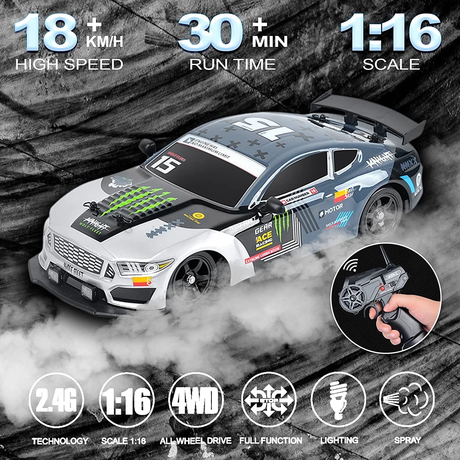 High Speed RC Drift Car for Boys, 2.4GHz 1:16 Scale 4WD 18KM/H Radio Control Cars with LED Lights, Gray