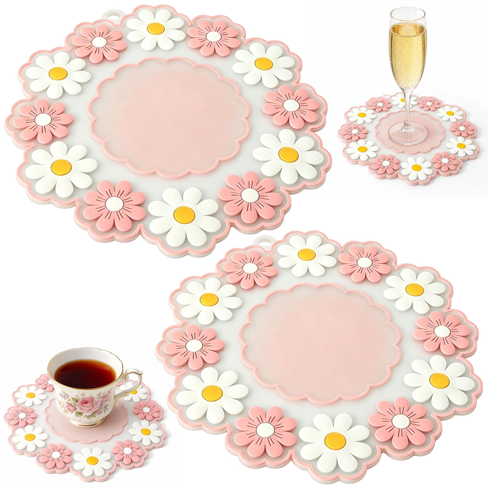 2 Pcs Little Daisies Place Mat Pink PVC Washable Heat Resistant Place Mat, 2 Pcs Pink 8" x 8" Premium Decor for Everyday Home Kitchen Office Use, Lifestyle Essentials