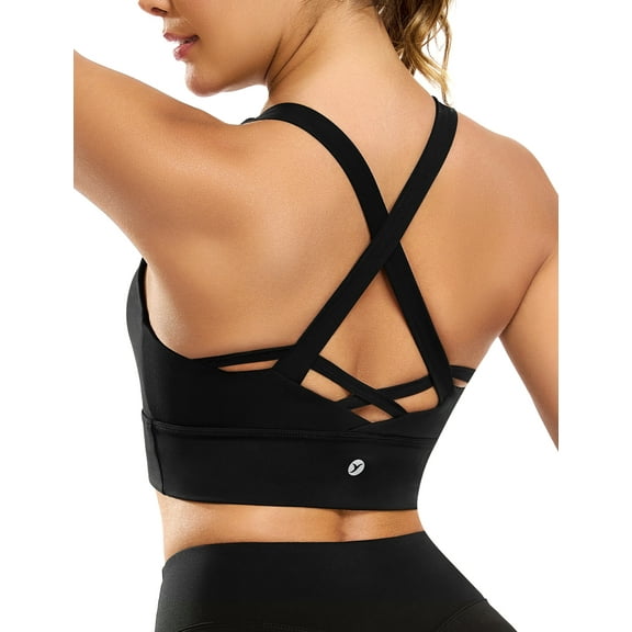 Strappy Sports Bras for Women Medium-High Support Criss Cross Back Push Up Supportive Padded Sports Bra Yoga Gym Workout Running Athletic Bra Tops Black M