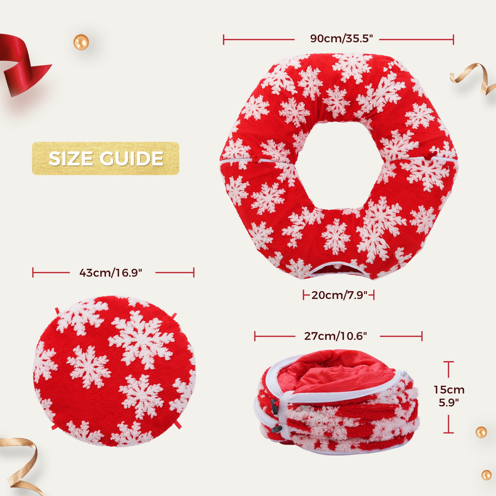 PAWZ Road 34" Cat Tunnel Christmas Cat Tunnel Bed with Soft Mat, Cat Toys for Indoor Cats, Red