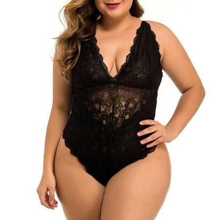 

BIZIZA Womens Sexy Lace Teddy Plus Size Bodysuit V Neck Babydoll Snap Crotch Lingerie One Piece