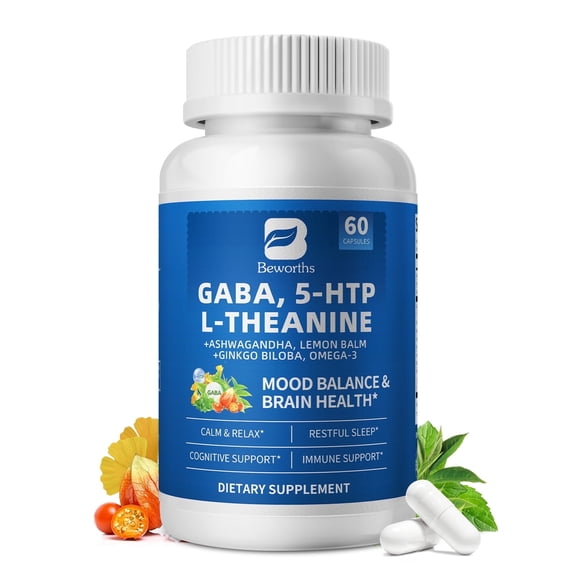 GABA 750mg, 5 HTP, with Ashwagandha, Lemon Balm & Ginkgo Biloba, for Calm, Sleep, Relaxation & Mood Support, 60 Pills