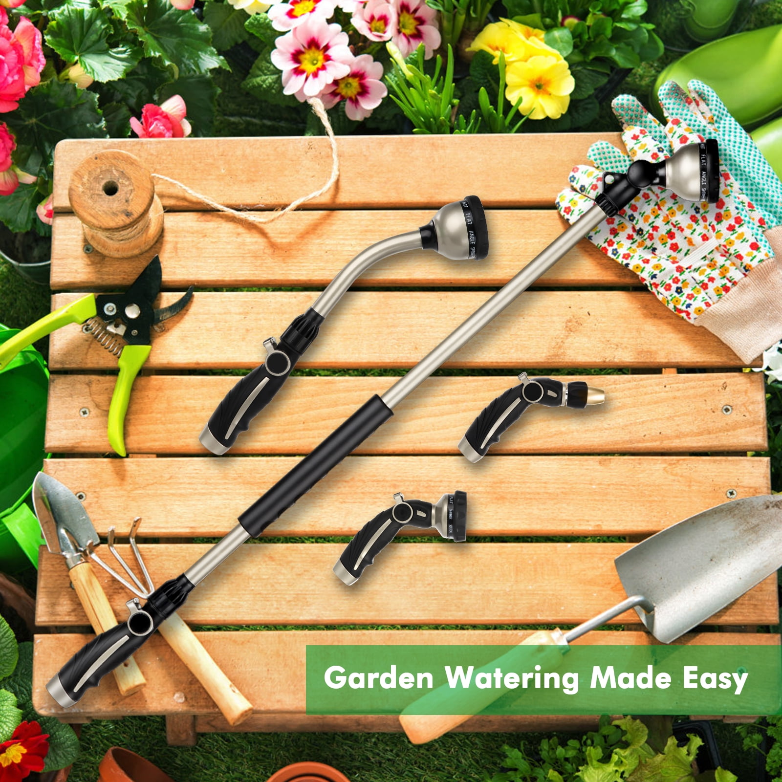 Restmo 36” Metal Watering Wand with 180° Ratcheting Spray Head, 10 Spray Patterns, Heavy Duty Hose Nozzle Sprayer