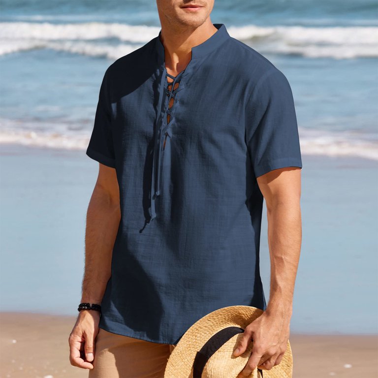 Cheap (SU)Mens Cotton Linen Shirts Casual Beach Hippie Shirt Short Sleeve V  Neck Yoga Tops