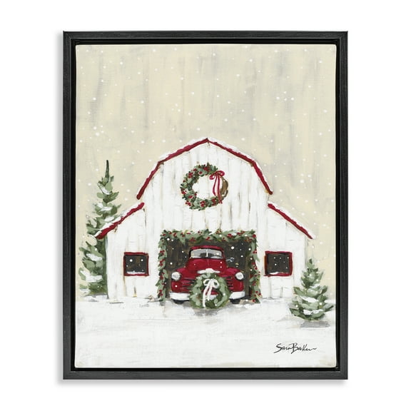 Stupell Industries Seasonal Garlands Barn Holiday Painting Black Floater Framed Canvas Art Prints Wall Art, 17 x 21