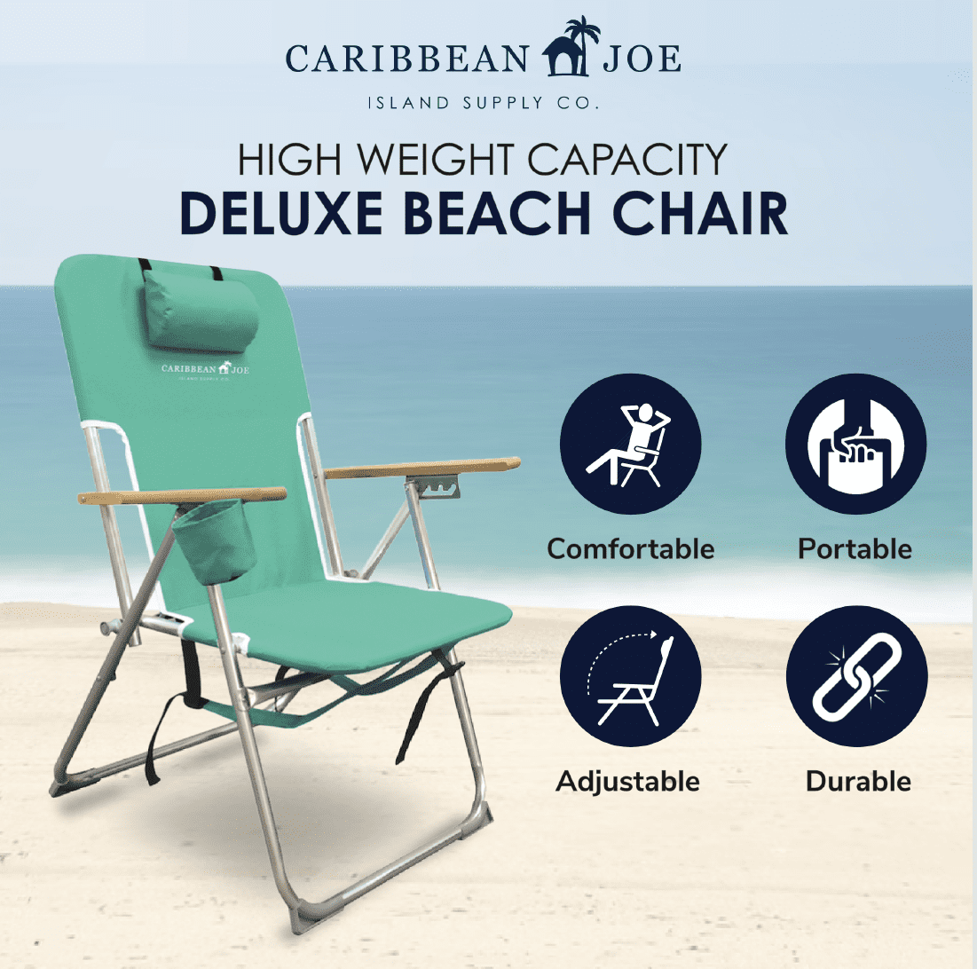 Caribbean Joe 4 Position Folding Beach Chair 300lb Capacity Backpack Straps