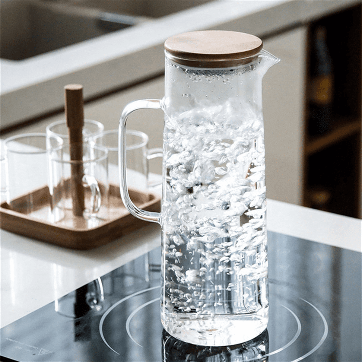 2X 1.7L Glass Water Pitcher with Handle Bamboo Lid Heat Cold Hot Kettle Capacity Tea Pitcher Water Juice Jug
